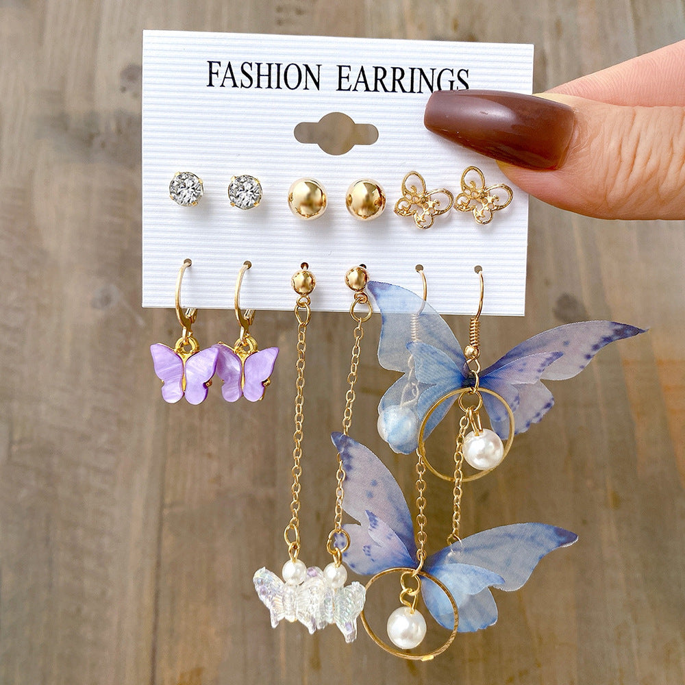 TBFashion Enchanted Butterfly & Pearl Dangle & Stud Earring Set (6 Pairs)