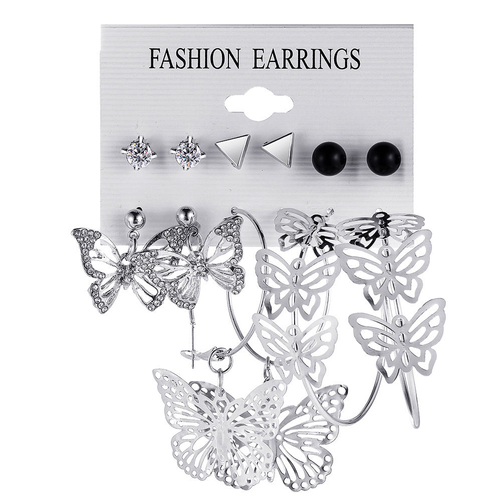 TBFashion Shimmering Butterfly & Geometric Stud Earring Set (6 Pairs)