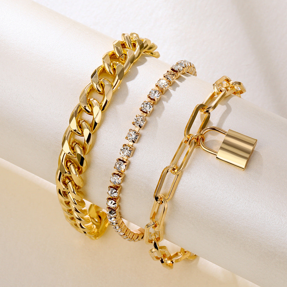 TB Luxe Layered Gold Bracelet Set: Pave, Cuban & Padlock Chic