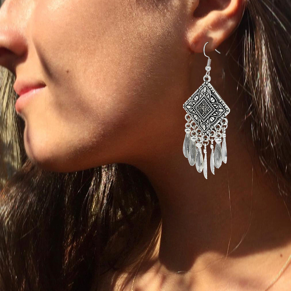 TB Serene Dreamcatcher Dangle Earrings - Antique Silver Boho Geometric