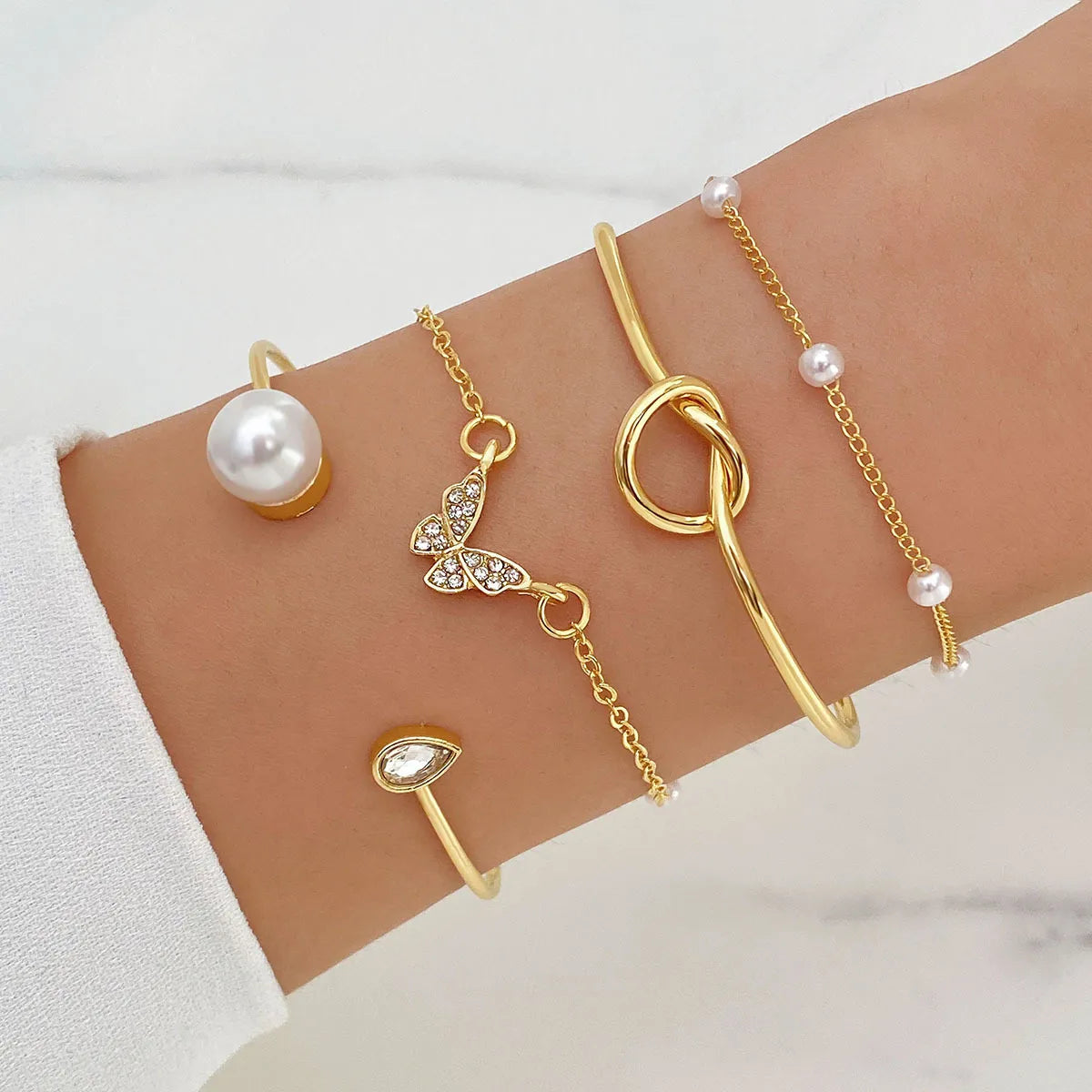 TB Golden Harmony Pearl & Crystal Stackable Bracelet Set