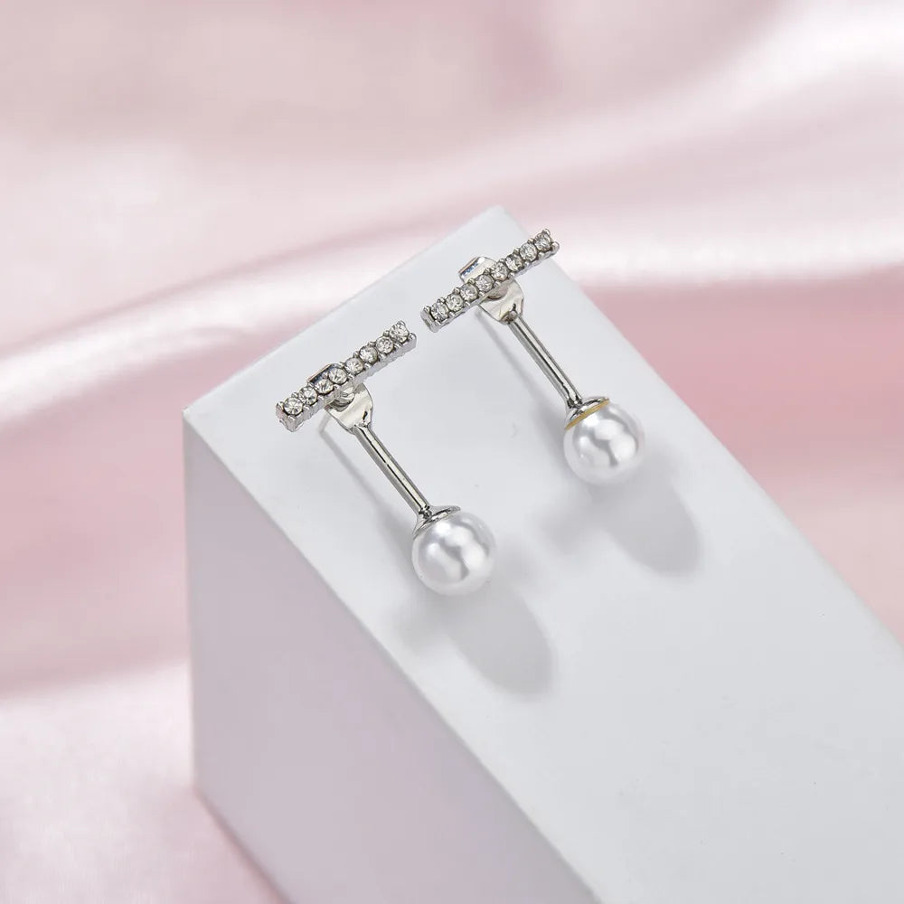 TB Sterling Silver Pave Bar & Pearl Drop Earrings